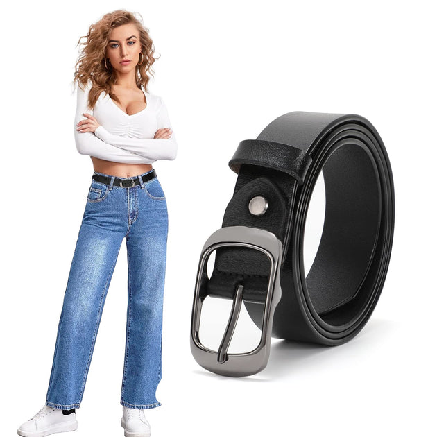 Jasgood Plus Size Women Leather Belt Black Casual Waist Belt for Jeans Pants with Metal Pin Buckle