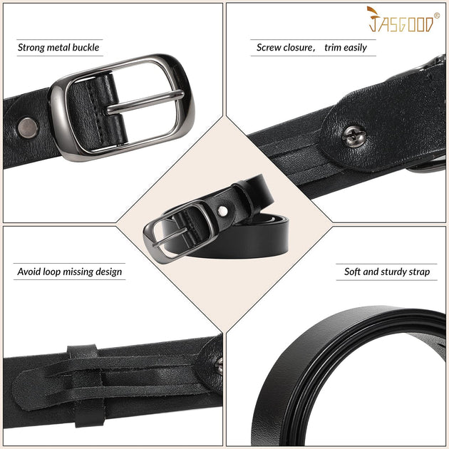 Jasgood Plus Size Women Leather Belt Black Casual Waist Belt for Jeans Pants with Metal Pin Buckle