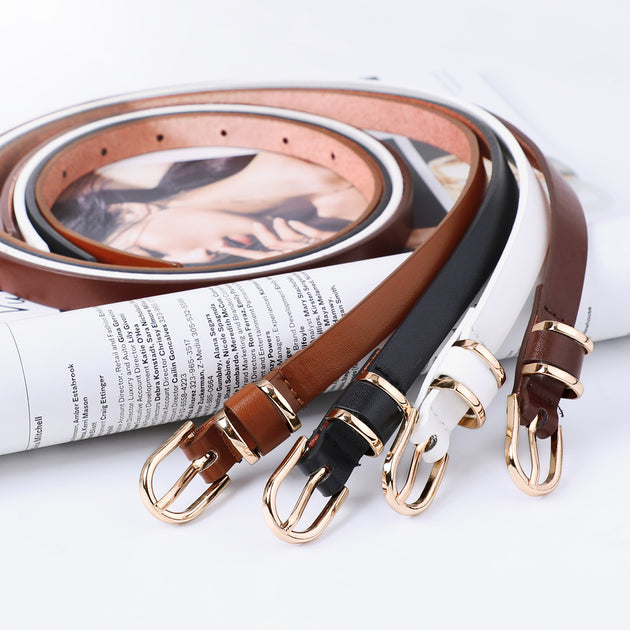 SUOSDEY 4 Pack Thin Belts for Women Skinny Leather Belts for Women Dresses with Gold Metal Buckle