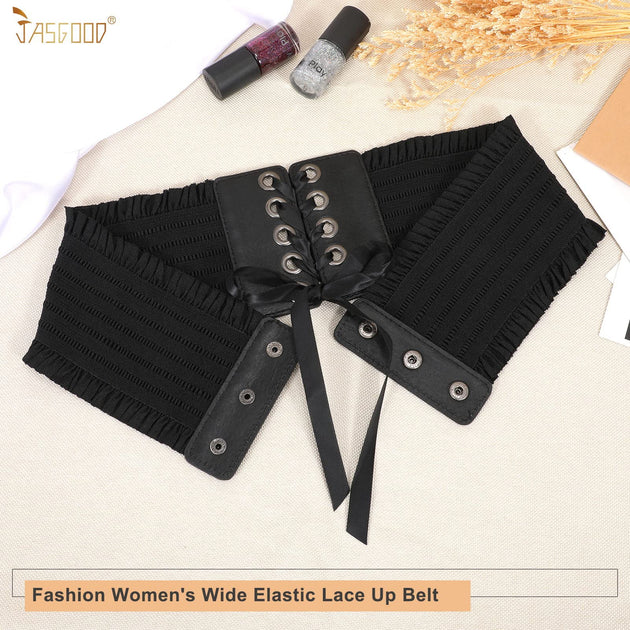 WINROLA Women Black Lace-up Cinch Belt Tied Corset Elastic Waist Belt  Corset Belts Ladies Halloween Costume at  Women's Clothing store