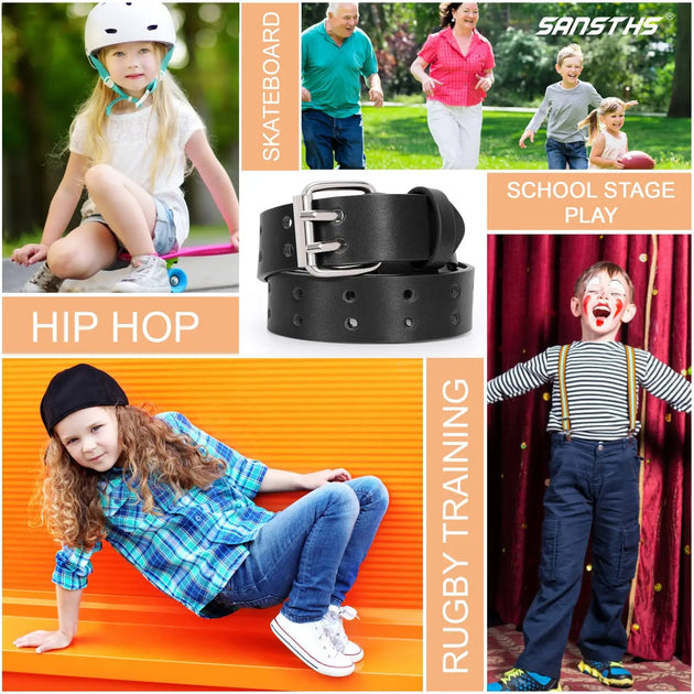 Double Grommet Belt for Girls and Boys, PU Leather Kids Double Studded Holes Belt for Jeans Pants, Trousers, Christmas Styling & Gift,Temu