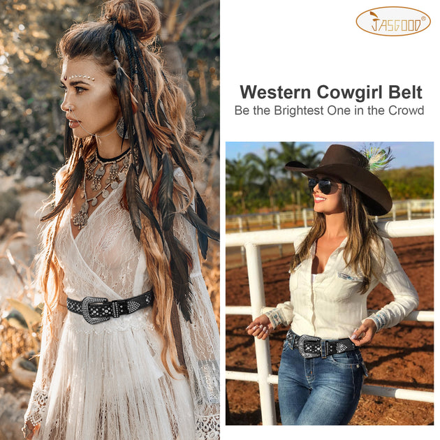 JASGOOD Rhinestone Belts for Women Western Cowgirl Diamond Leather