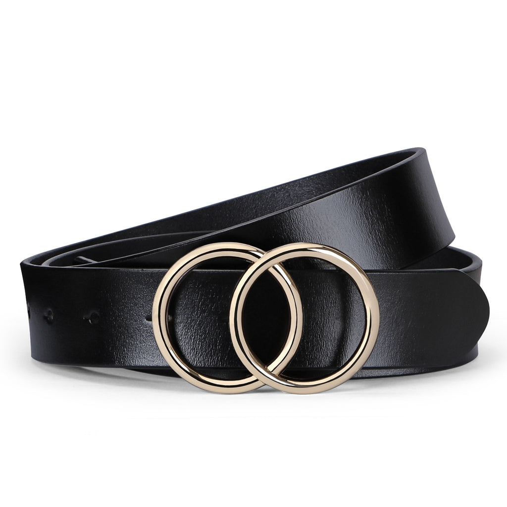 JASGOOD Women's Leather Belts for Dresses Jeans Fashion Ladies Black Belt  Gold Buckle 