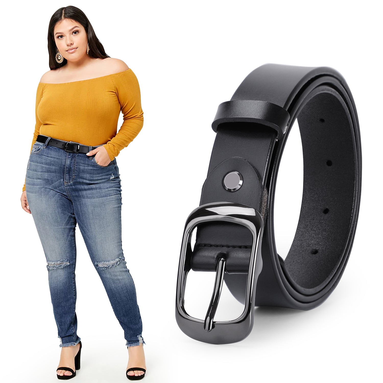 Jasgood Plus Size Women Leather Belt Black Casual Waist Belt for Jeans Pants with Metal Pin Buckle