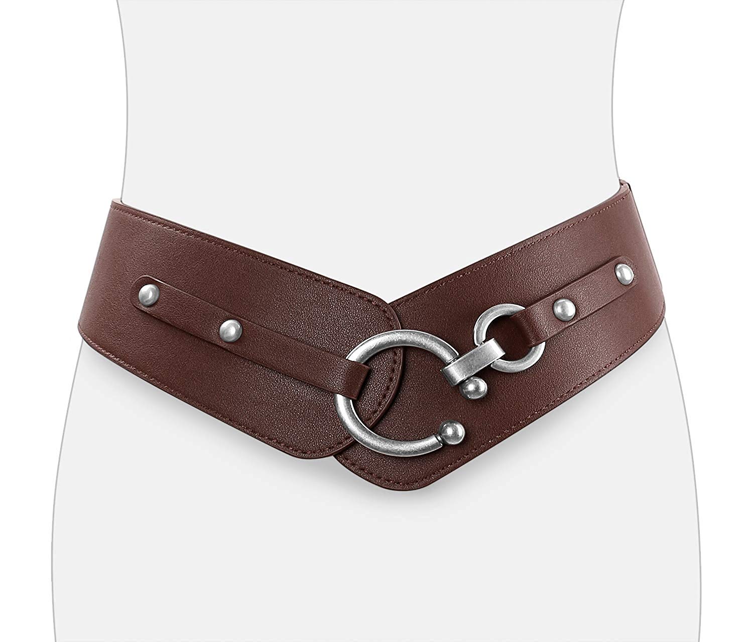 JASGOOD Women Wide Elastic Waist Belt Stretch Leather Brown Belts