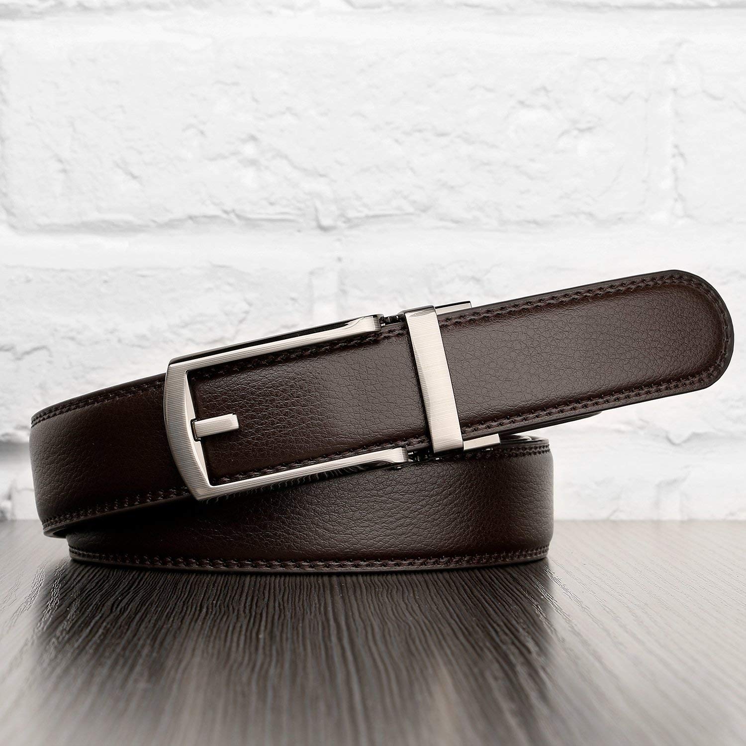 Jasgood Men's Leather Belt, Ratchet Dress Belt with Automatic Buckle Black 115cm(45Inch)