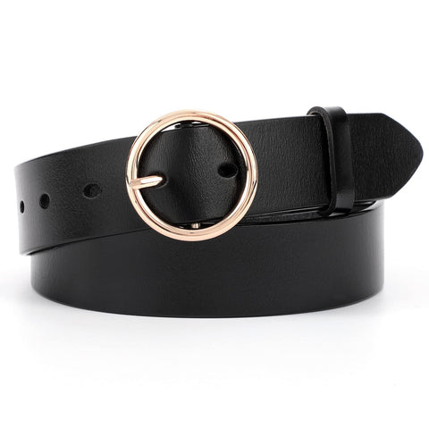 Jasgood Plus Size Women Leather Belt Black Casual Waist Belt for Jeans Pants with Metal Pin Buckle